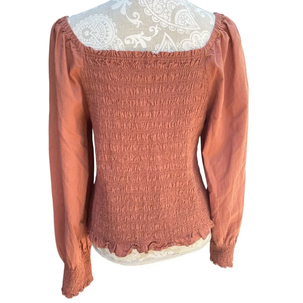 Cottagecore Boho Smocked Bubble Sleeve Top Madewell Lucie Warm Umber M